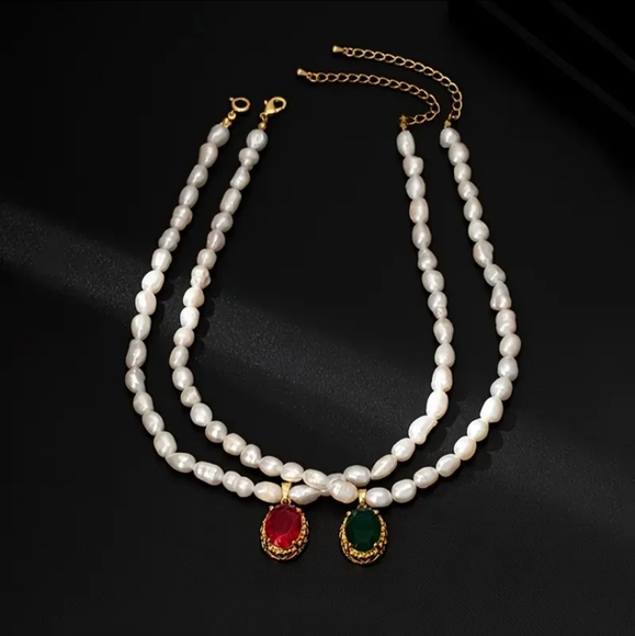 Natural Irregular Freshwater Pearl Necklace & Red Crystal Pendant Gold… - Picture 6 of 8